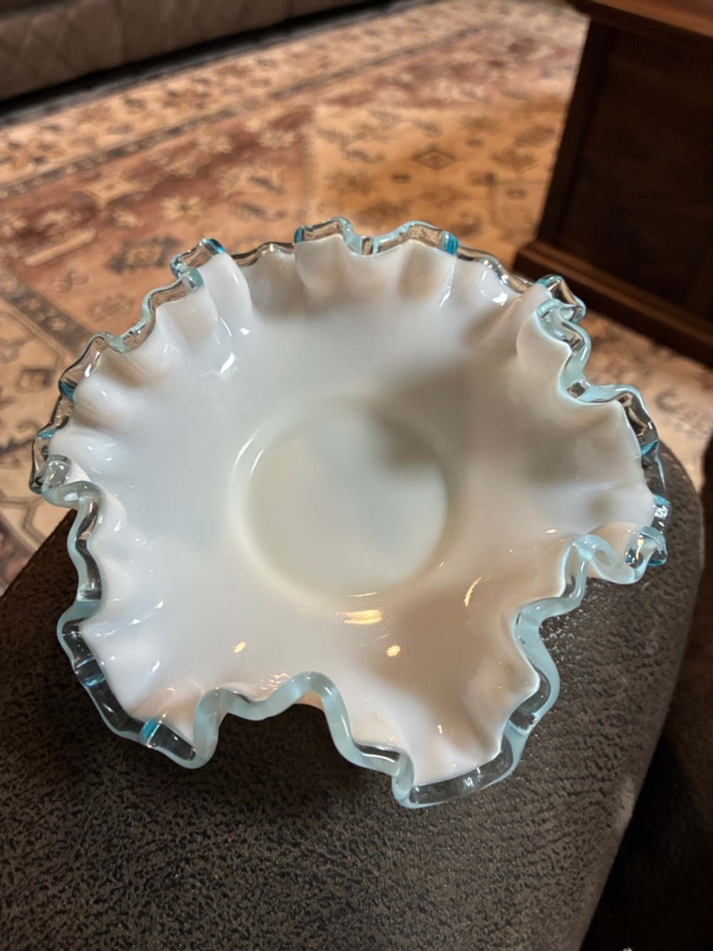 Fenton White Milk Glass Bowl with Aqua Rim Ruffled Edge